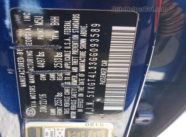 5XXGT4L33GG093589 2016 KIA OPTIMA Blue Widok komory silnika