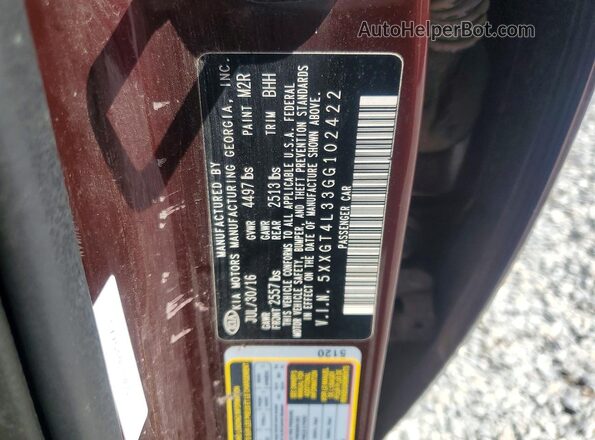 5XXGT4L33GG102422 2016 KIA OPTIMA Бордовый Вид подкапотного пространства