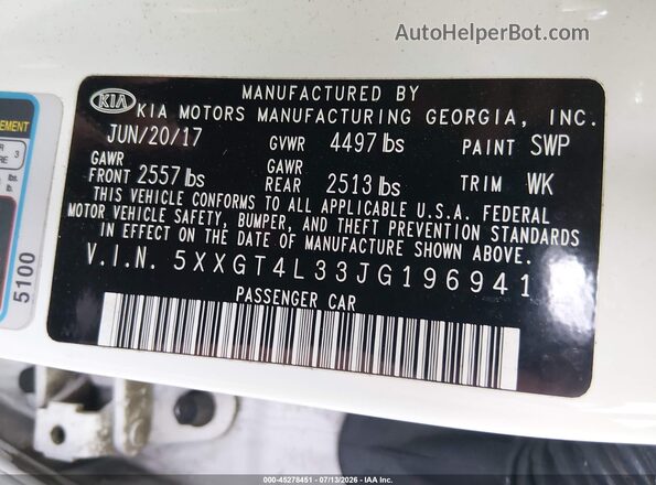 5XXGT4L33JG196941 2018 KIA OPTIMA White Engine compartment view