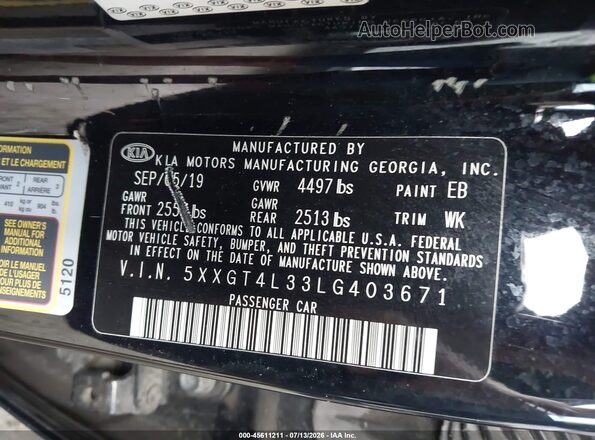 5XXGT4L33LG403671 2020 KIA OPTIMA Black ძრავის განყოფილების ხედი