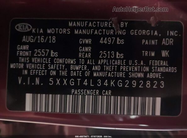 5XXGT4L34KG292823 2019 KIA OPTIMA Red Vista del compartimento del motor