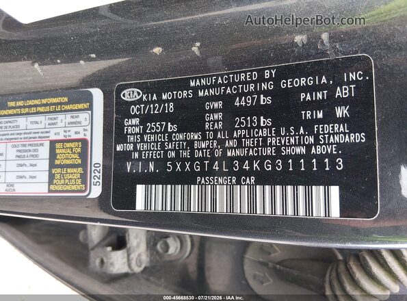 5XXGT4L34KG311113 2019 KIA OPTIMA Gray Widok komory silnika