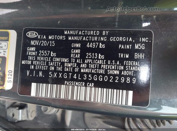 5XXGT4L35GG022989 2016 KIA OPTIMA Gray ძრავის განყოფილების ხედი