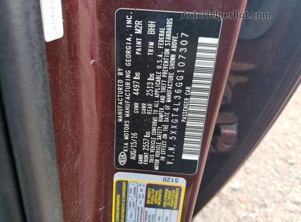 5XXGT4L36GG107307 2016 KIA OPTIMA Maroon ძრავის განყოფილების ხედი
