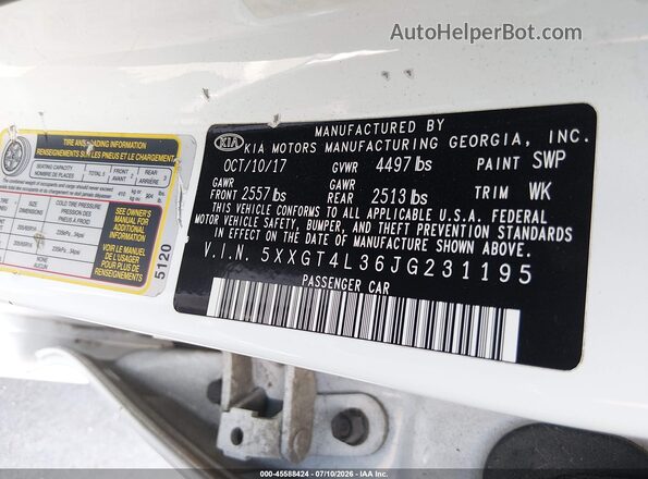 5XXGT4L36JG231195 2018 KIA OPTIMA White Вид підкапотного простору