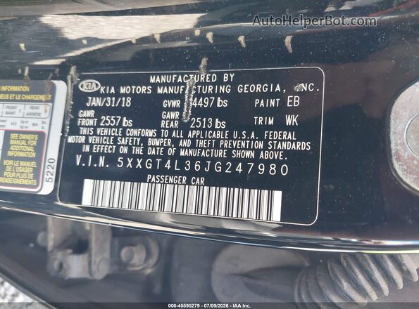 5XXGT4L36JG247980 2018 KIA OPTIMA Black Engine compartment view
