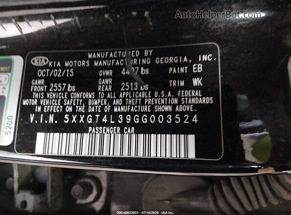 5XXGT4L39GG003524 2016 KIA OPTIMA Black Widok komory silnika
