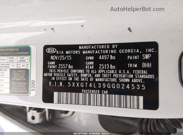 5XXGT4L39GG024535 2016 KIA OPTIMA White Вид підкапотного простору