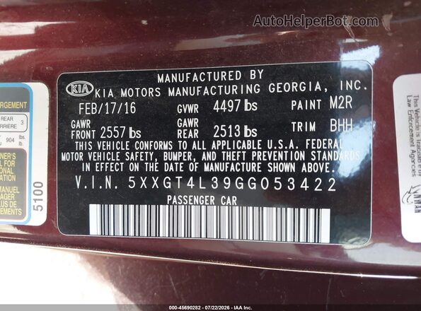 5XXGT4L39GG053422 2016 KIA OPTIMA Maroon Widok komory silnika