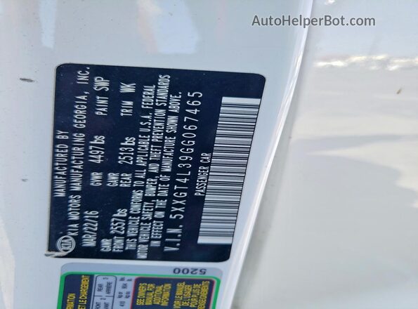 5XXGT4L39GG067465 2016 KIA OPTIMA White Вид наклейки з VIN-кодом