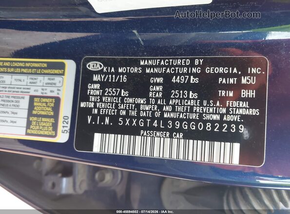 5XXGT4L39GG082239 2016 KIA OPTIMA Blue Vista del compartimento del motor
