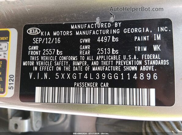 5XXGT4L39GG114896 2016 KIA OPTIMA Gray Widok komory silnika