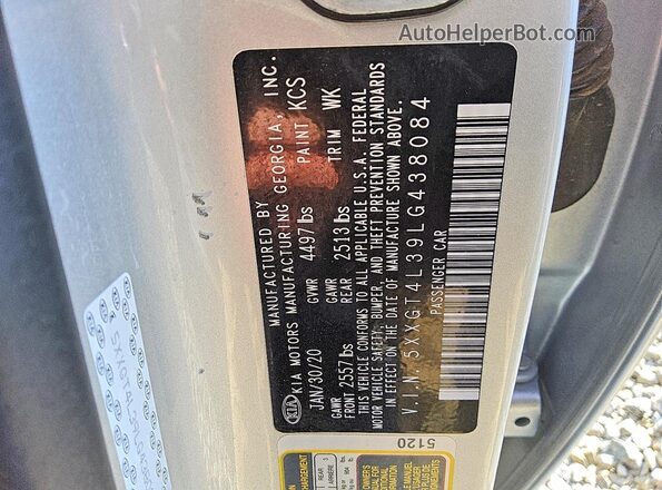 5XXGT4L39LG438084 2020 KIA OPTIMA Silver Вид підкапотного простору