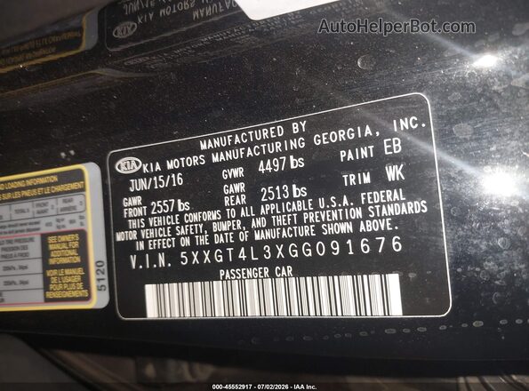 5XXGT4L3XGG091676 2016 KIA OPTIMA Black Вид підкапотного простору