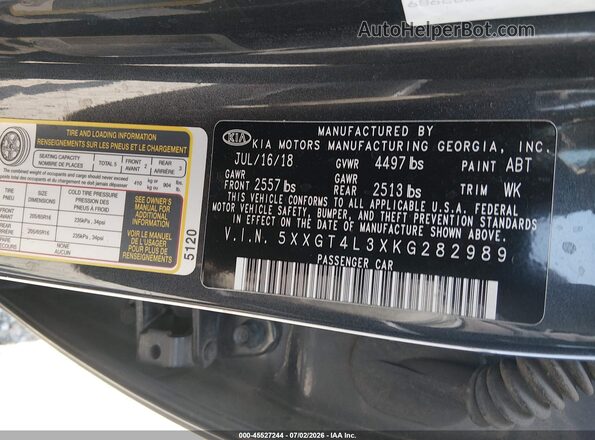 5XXGT4L3XKG282989 2019 KIA OPTIMA Gray Widok komory silnika