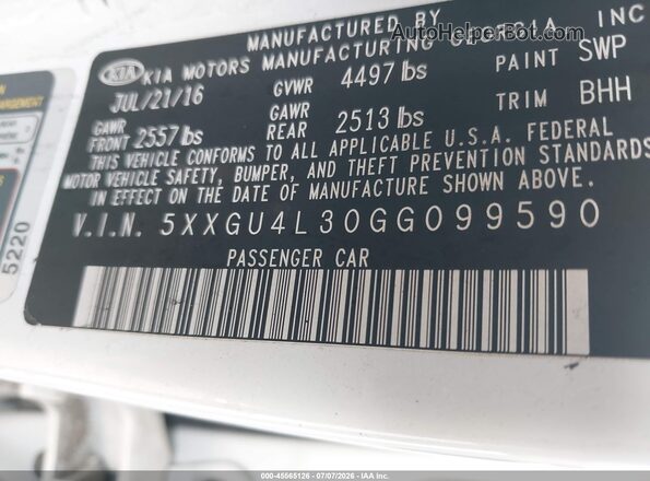 5XXGU4L30GG099590 2016 KIA OPTIMA Белый Вид подкапотного пространства