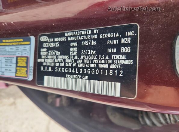 5XXGU4L33GG011812 2016 KIA OPTIMA Burgundy Вид підкапотного простору
