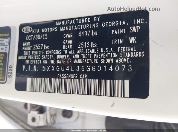 5XXGU4L36GG014073 2016 KIA OPTIMA White Շարժիչի բաժամունքի տեսք