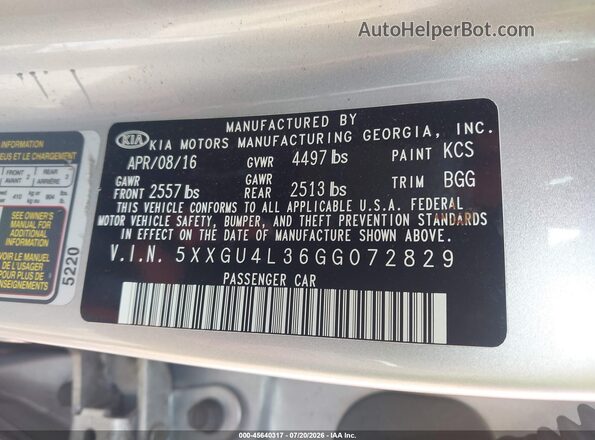 5XXGU4L36GG072829 2016 KIA OPTIMA Silver Vista del compartimento del motor