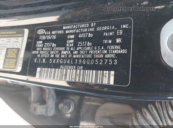 5XXGU4L39GG052753 2016 KIA OPTIMA Black Вид підкапотного простору