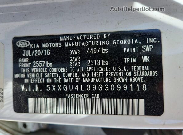 5XXGU4L39GG099118 2016 KIA OPTIMA White Widok naklejki z numerem VIN