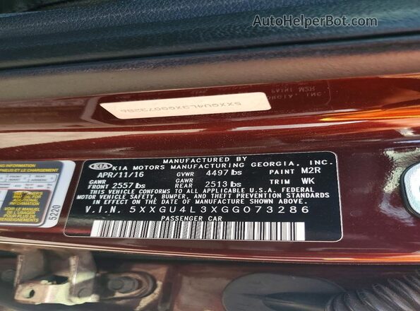5XXGU4L3XGG073286 2016 KIA OPTIMA Burgundy Շարժիչի բաժամունքի տեսք