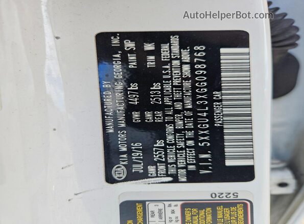 5XXGU4L3XGG098768 2016 KIA OPTIMA White Շարժիչի բաժամունքի տեսք