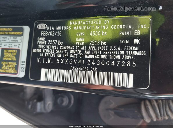 5XXGV4L24GG047285 2016 KIA OPTIMA Black Вид підкапотного простору
