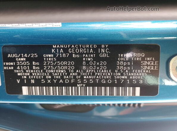 5XYADFS55TG017153 2026 KIA EV9 Blue VIN կոդի պիտակի տեսք