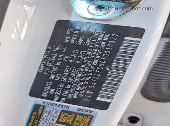 5XYAEFS50TG018322 2026 KIA EV9 White VIN sticker view