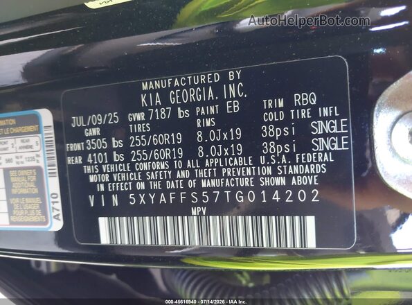 5XYAFFS57TG014202 2026 KIA EV9 Black Vista del compartimento del motor
