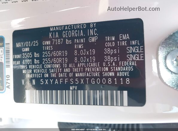 5XYAFFS5XTG008118 2026 KIA EV9 White Շարժիչի բաժամունքի տեսք