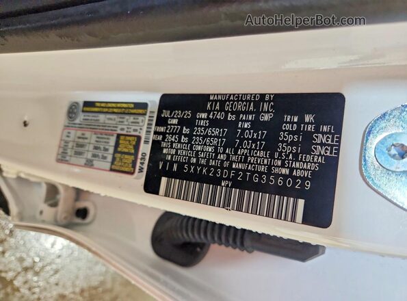 5XYK23DF2TG356029 2026 KIA SPORTAGE White Vista de la etiqueta del VIN