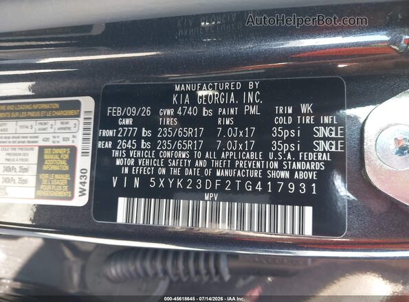5XYK23DF2TG417931 2026 KIA SPORTAGE Black Շարժիչի բաժամունքի տեսք