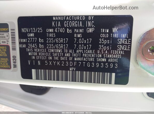 5XYK23DF7TG393593 2026 KIA SPORTAGE White Вид підкапотного простору