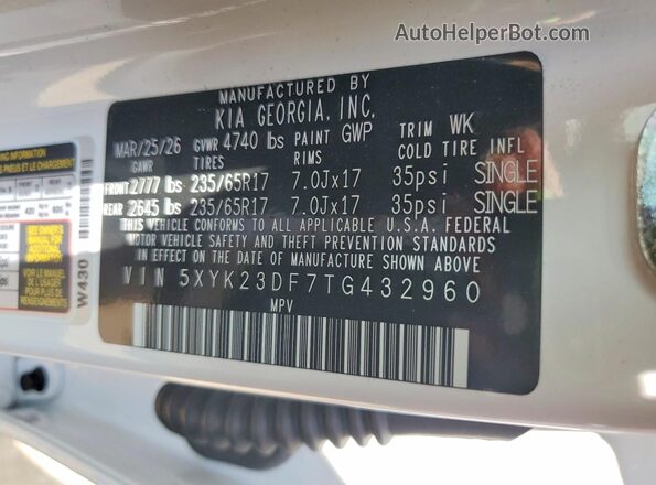 5XYK23DF7TG432960 2026 KIA SPORTAGE White VIN կոդի պիտակի տեսք