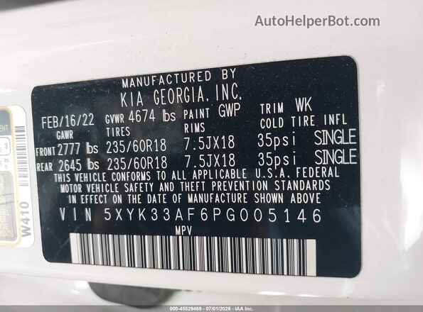 5XYK33AF6PG005146 2023 KIA SPORTAGE White Вид підкапотного простору