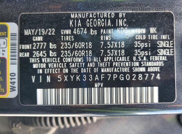 5XYK33AF7PG028774 2023 KIA SPORTAGE Gray VIN sticker view