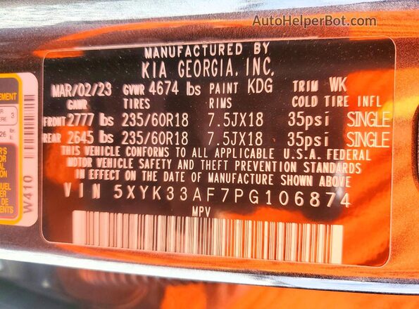 5XYK33AF7PG106874 2023 KIA SPORTAGE Gray Vista de la etiqueta del VIN