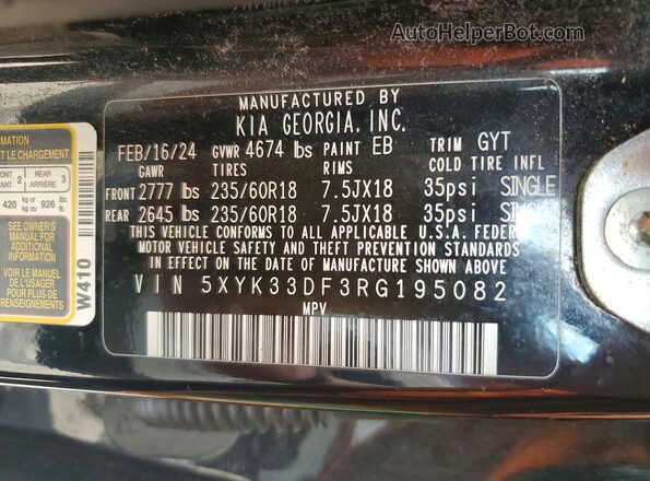 5XYK33DF3RG195082 2024 KIA SPORTAGE Black Vista de la etiqueta del VIN