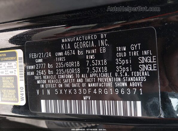 5XYK33DF4RG196371 2024 KIA SPORTAGE Black Engine compartment view