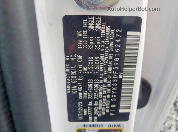 5XYK33DF5RG162472 2024 KIA SPORTAGE White Widok naklejki z numerem VIN