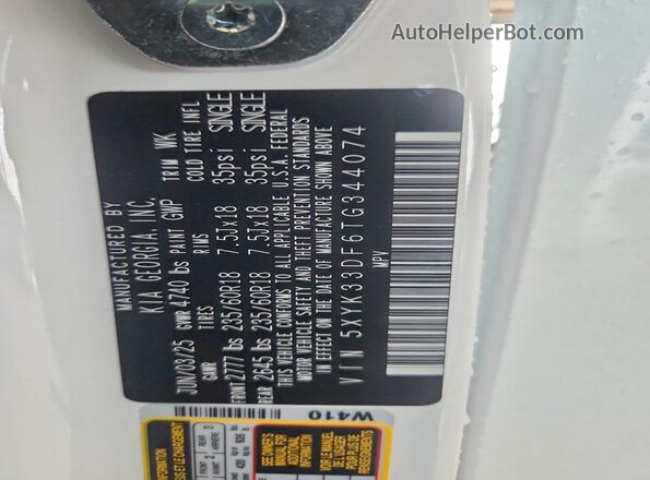 5XYK33DF6TG344074 2026 KIA SPORTAGE White VIN sticker view