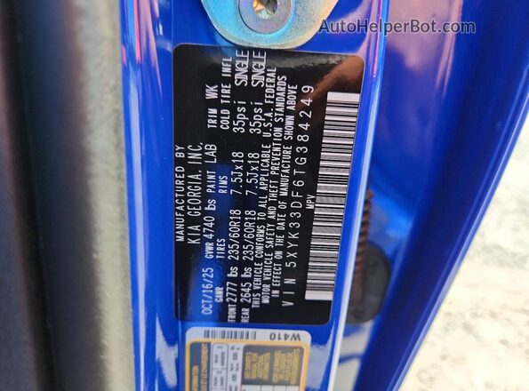 5XYK33DF6TG384249 2026 KIA SPORTAGE Blue VIN sticker view