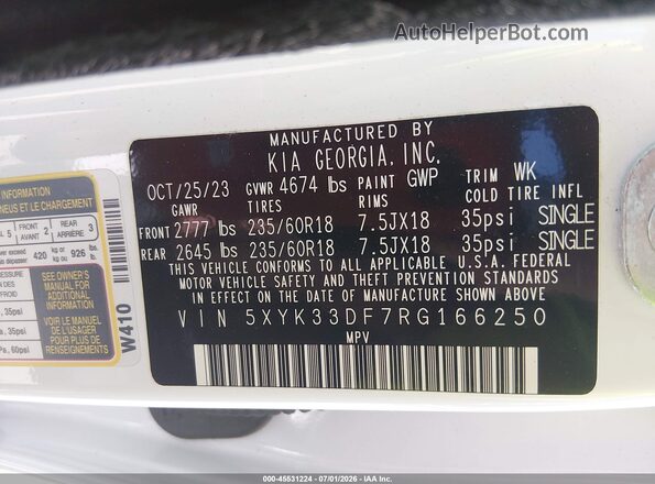 5XYK33DF7RG166250 2024 KIA SPORTAGE White Vista del compartimento del motor
