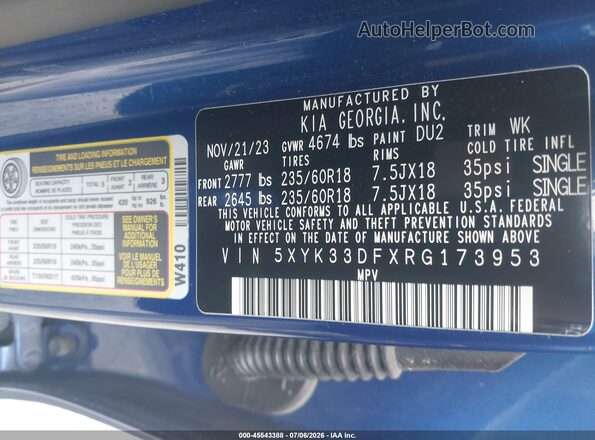 5XYK33DFXRG173953 2024 KIA SPORTAGE Blue Engine compartment view