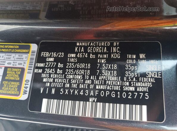 5XYK43AF0PG102775 2023 KIA SPORTAGE Gray Vista de la etiqueta del VIN