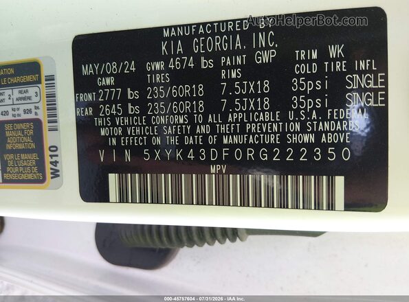 5XYK43DF0RG222350 2024 KIA SPORTAGE White Engine compartment view