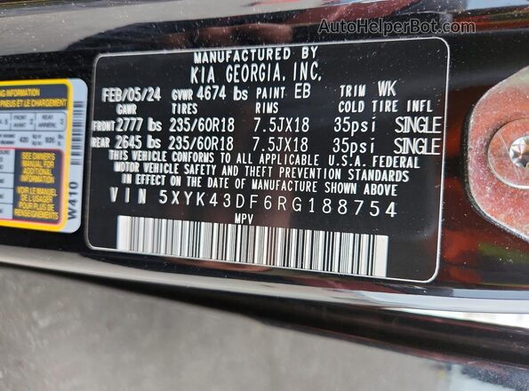 5XYK43DF6RG188754 2024 KIA SPORTAGE Black Vista de la etiqueta del VIN