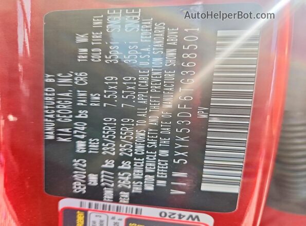 5XYK53DF6TG368501 2026 KIA SPORTAGE Red VIN კოდის სტიკერის ხედი